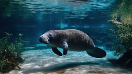 Fototapeta premium Majestic Manatee Swimming Gracefully Underwater in Clear Ocean
