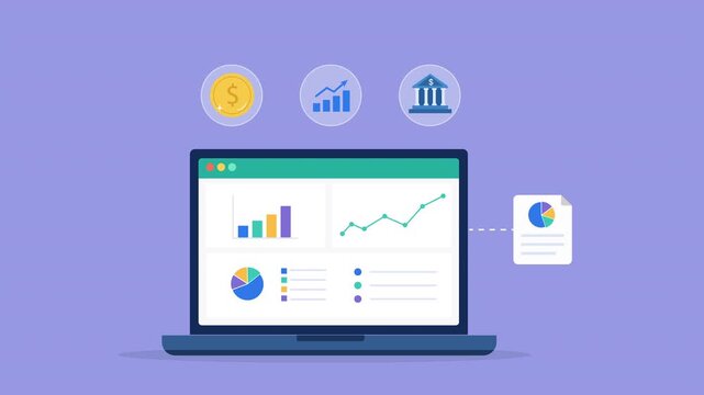 Modern flat vector animation featuring an analytics dashboard with revenue, growth, and banking icons. Ideal for financial reporting, business intelligence, investment monitoring, and performance trac
