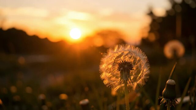A peaceful scene of a dandelion seed head at sunset in the field.