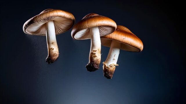 Three brown mushrooms with smooth caps and white stems positioned in a row against a dark background, showcasing their unique textures and forms in a visually striking arrangement