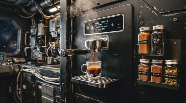 Futuristic espresso machine integrated into a matte black spaceship bulkhead pouring coffee into a glass cup next to a magnetic spice rack with warm lighting and steam. AI