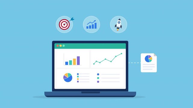 Modern flat vector animation featuring an analytics dashboard with target, growth, and achievement icons. Ideal for KPI monitoring, business performance tracking, strategic planning, and reporting con
