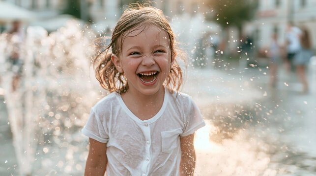 Excited little girl with wet clothes laughing, enjoying summer day splashing in an urban fountain