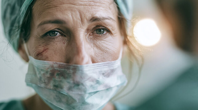 Healthcare professional with bruised skin from prolonged mask use, showing the strain and fatigue of working on the medical frontline