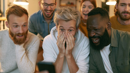 Fototapeta premium Group of young people expressing various emotions while watching an exciting or surprising update together on a mobile phone