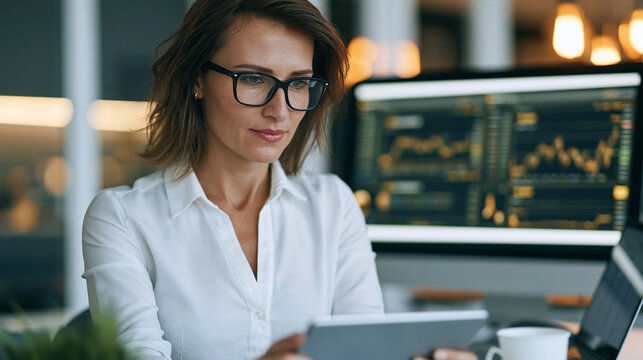 Focused businesswoman working with financial charts on a digital tablet, monitoring stock market data on a computer screen