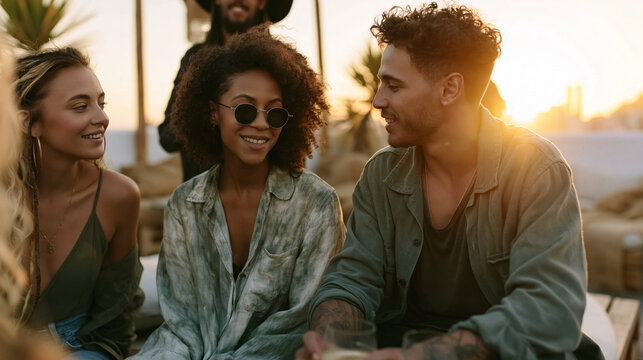 Young diverse people communicating and smiling, enjoying a summer night out with drinks on a modern rooftop terrace at sunset