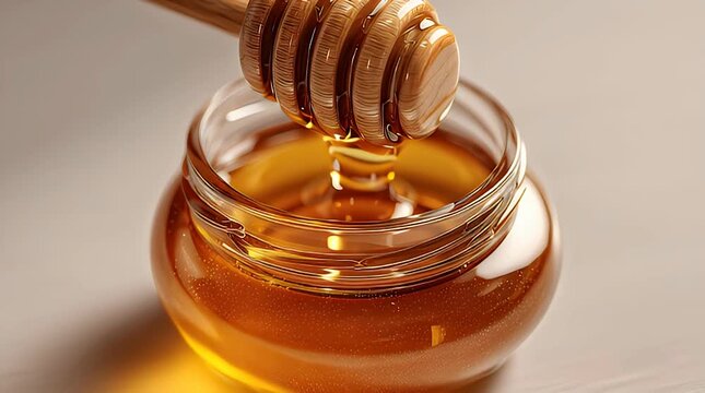 Fresh golden honey dripping from a wooden dipper into a small glass jar.