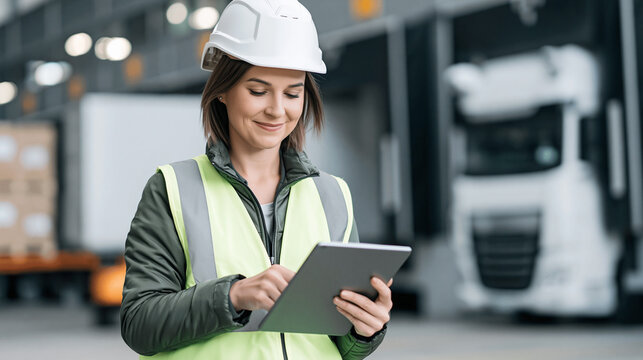 Woman wearing a safety helmet and high visibility vest smiling, using a digital tablet at a modern logistics warehouse