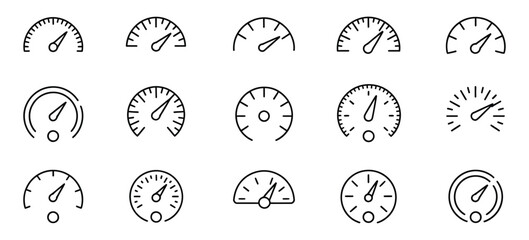 Obraz premium Speedometer icon set, gauge meter and dashboard indicators, speed measurement symbols with arrows, editable outline vector illustration.