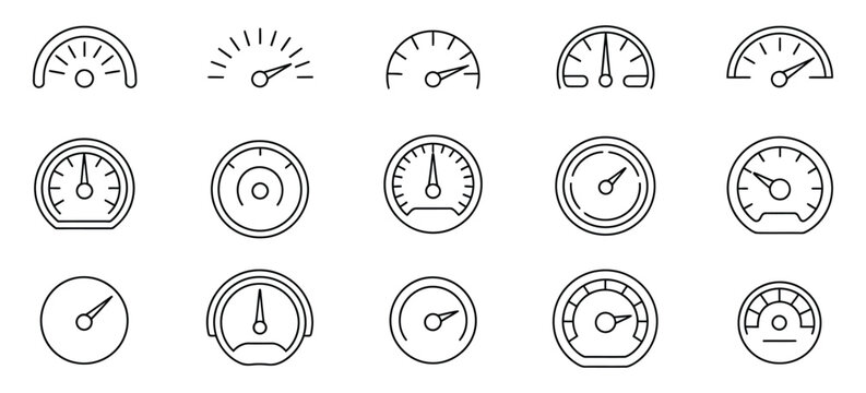 Speedometer icon set, gauge meter and dashboard indicators, speed measurement symbols with arrows, editable outline vector illustration.