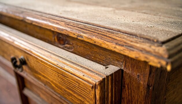 Close-up of a Rustic Wooden Desk Surface with Drawer Detail.