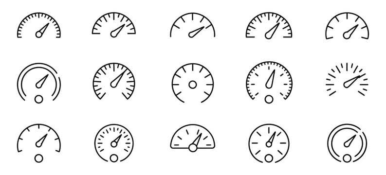 Speedometer icon set, gauge meter and dashboard indicators, speed measurement symbols with arrows, editable outline vector illustration.