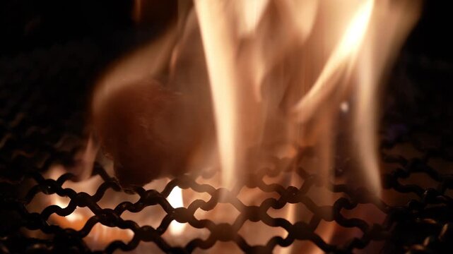 Wagyu Beef Sizzling in Bright Flames on Charcoal Grill Net