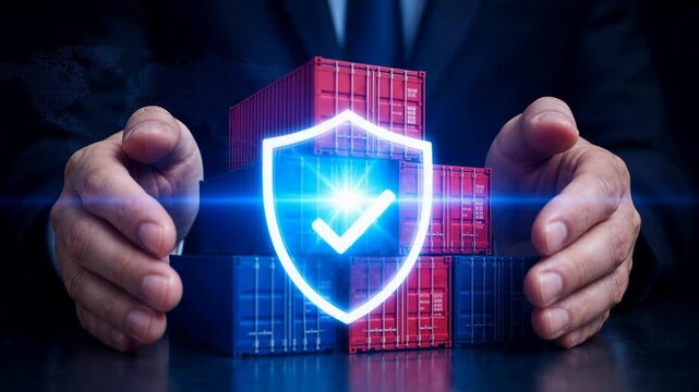 supply chain management logistics risk management. Businessman protecting red and blue shipping containers with glowing shield and checkmark symbol for secure logistics and supply chain