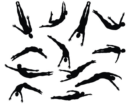 Human silhouettes in diving poses black vector illustration on white background