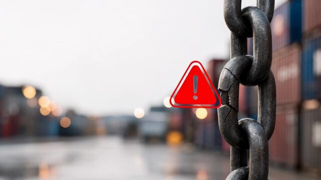 supply chain management logistics risk management. Close up of cracked chain link with warning sign symbolizing risk and weakness in industrial environment
