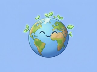 Fototapeta premium Smiling Earth Cartoon With Leaves Symbolizing Global Conservation And Care.
