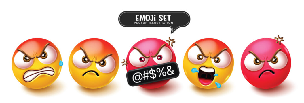 Emoji angry expressions clipart set. Glossy emoji character faces with angry, furious, and frustrated emoticon collection. Vector illustration. 
