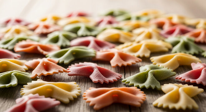 Colorful bowtie pasta scattered on a wooden surface, symbolizing a vibrant and playful culinary experience, ideal for food-related content.