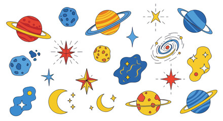 Colorful cosmic collection featuring planets stars and moons © reres