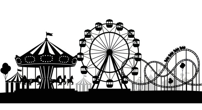Amusement park silhouette with ferris wheel carousel and roller coaster