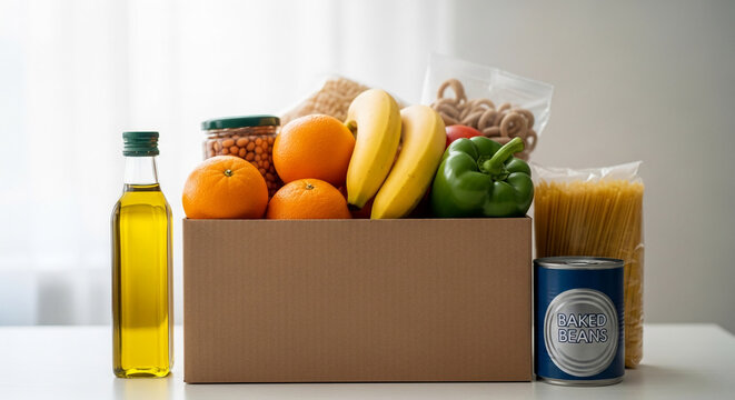 Cardboard box filled with assorted food items including oranges, bananas, bell pepper, pasta, oil, and canned beans, symbolizing provision and sustenance, perfect for charity or grocery concepts.
