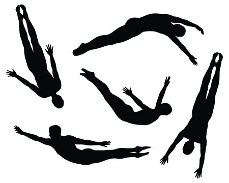 Human diver silhouettes in various poses against a white background