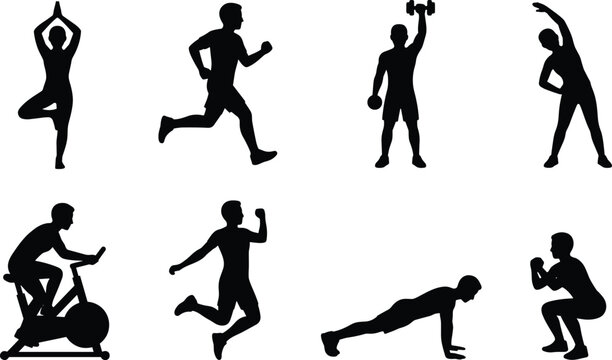Collection of black silhouette fitness people vector icons featuring yoga running weightlifting cycling stretching and bodyweight exercises for active lifestyle concepts