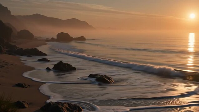 A serene sandy beach at sunrise, featuring gentle ocean waves lapping the shore around dark rocks, with a misty cliff coastline under a warm golden sky and the sun reflecting on the water.