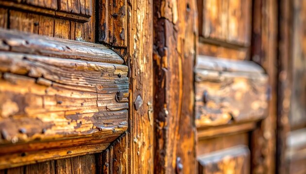 Close-up of a weathered, rustic wooden door with intricate details.