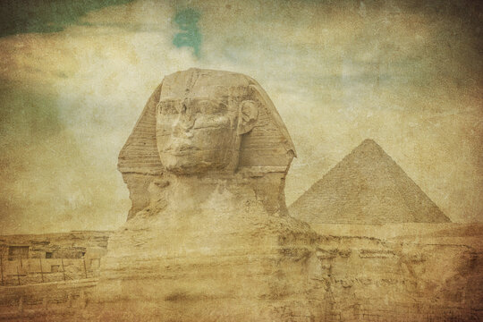 Vintage image of The Great Sphinx in Giza pyramid complex, Cairo, Egypt