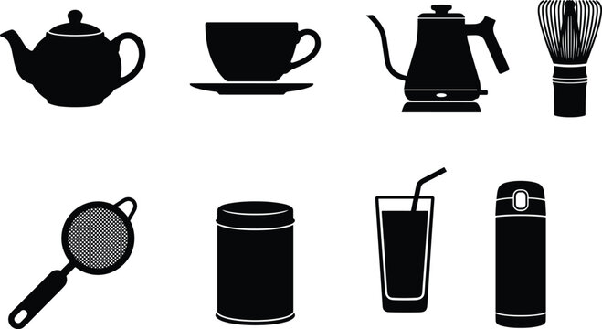 Collection of black silhouette tea and coffee beverage preparation equipment vector icons featuring teapot cup gooseneck kettle matcha whisk strainer and thermos mug