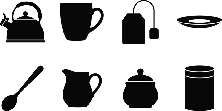 Collection of black silhouette tea time vector icons featuring stovetop kettle mug tea bag saucer spoon milk creamer sugar bowl and storage canister