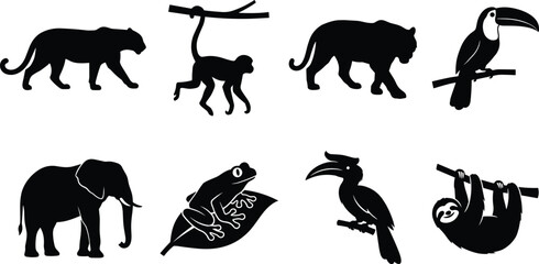 Collection of black silhouette tropical jungle animal vector icons featuring panther monkey tiger toucan elephant tree frog hornbill and hanging sloth © Rina