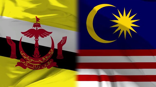 Brunei And Malaysia Flag Waving in Slow Motion Loop Animation