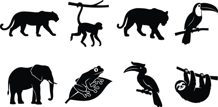 Collection of black silhouette tropical jungle animal vector icons featuring panther monkey tiger toucan elephant tree frog hornbill and hanging sloth