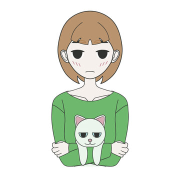 お揃いのジト目でこちらを見つめる女性と抱っこされた猫のイラスト。
