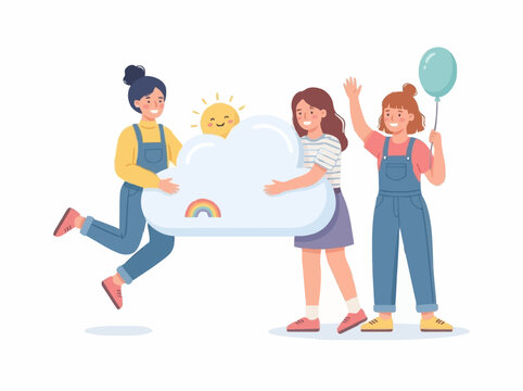 Cute girls with cloud vector illustration. Cheerful female characters beside a fluffy cloud, playful and positive lifestyle concept, clean flat style isolated on white background.