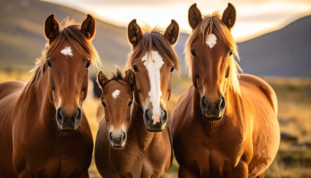 Chestnut horses at sunset