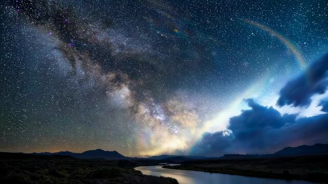 Milky way galaxy above a dark landscape with a glowing celestial arc emergence. Biblical creation of firmament and light in a deep cosmic night heaven scenery.