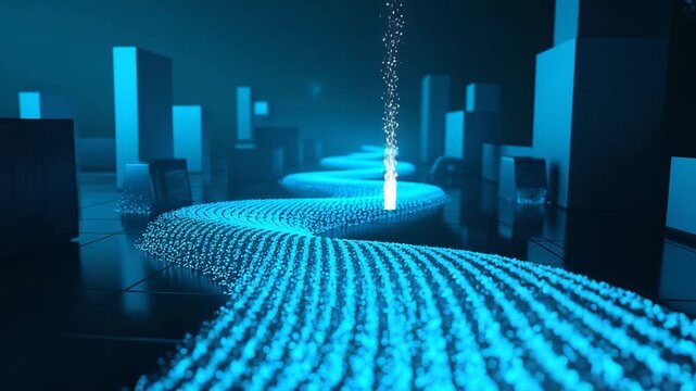Computer generated of futuristic city skyline at night with vibrant blue light emanating from buildings and roads.
