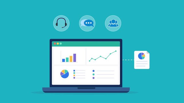 Modern flat vector animation featuring an analytics dashboard with customer support, messaging, and communication management icons. Ideal for help desk monitoring, service reporting, customer engageme