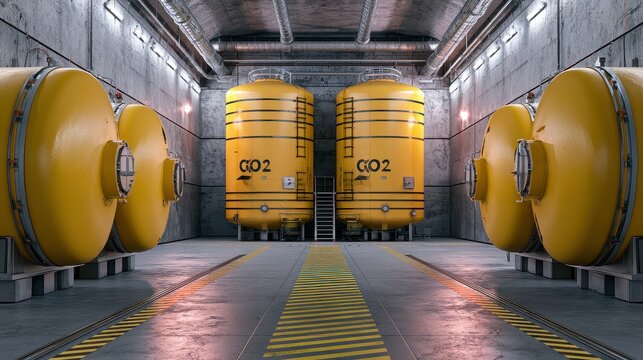 CO2 capture and storage, underground facility with carbon tanks, 3D illustration.