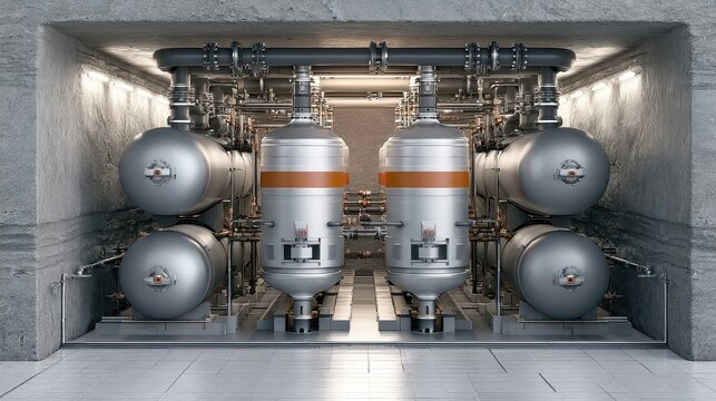 CO2 capture and storage, underground facility with carbon tanks, 3D illustration.