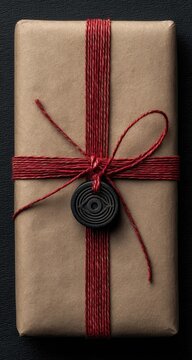 A rectangular package wrapped in brown paper, tied with red twine and a dark medallion