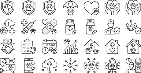 Fototapeta premium Pet Insurance and Veterinary Care, Animal Health Coverage Plan, and Domestic Pet Medical Service Vector Line Icons Set (Includes Dog Healthcare Shield, Vet Consultation, Medical Insurance Policy, and 