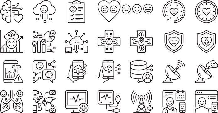 Mental Health and Electronic Medical Diagnostics, Digital Behavioral Psychology Assessment, and Telehealth Network Analytics Vector Line Icons Set (Includes Mood Tracking Scale, Cloud Therapy Data, Br