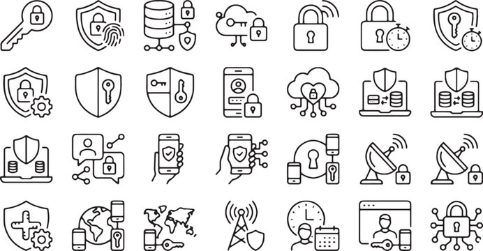 Cyber Security and Data Encryption Protection, Virtual Private Network Proxy Server, and Account Identity Authentication Vector Line Icons Set (Includes Cloud Key Access, Secure Firewall Shield, Lapto