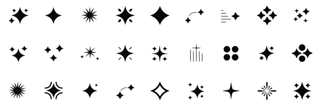 Shine sparkle icon set, twinkle star shapes, glowing sparkles and shine effects, vector illustration collection.